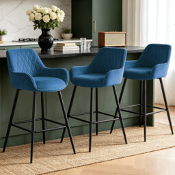 Velvet Upholstered Bar Stools with Armrests, Diamond Quilted Backrest and Metal Legs