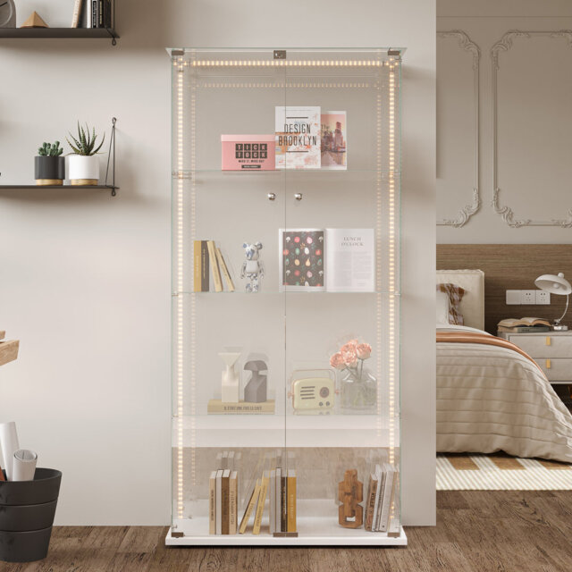 "64.1"" Glass Display Cabinet With Shelves, Floor Standing Curio Display Cabinets With LED And 2 Doors, Modern Display Case For Living Room Bedroom"