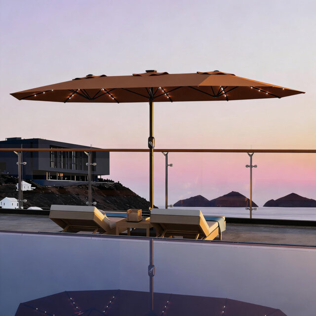 15FT Extra Large Rectangular Patio Umbrella with Stand – 450×270cm, LED Lights, UV Protection, Windproof, Easy Assembly, Outdoor Market Parasol, Base