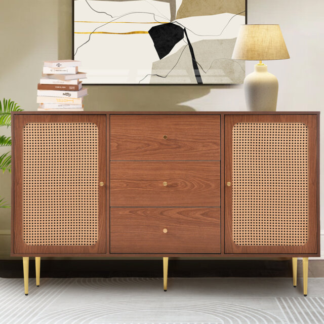 Contemporary Rattan Sideboard Cabinet 6-drawer Chest For Living Room With Walnut Finish