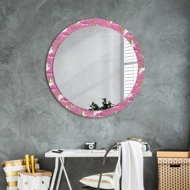 Huldar Round Glass Framed Wall Mounted Accent Mirror in Pink/White/Yellow