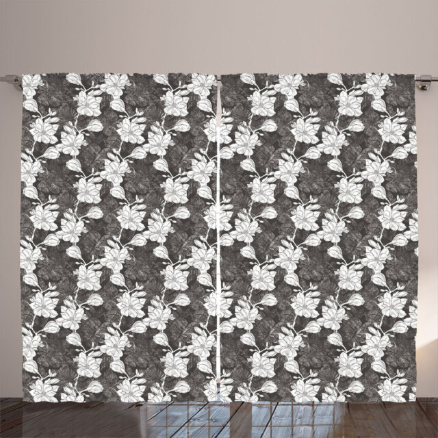 Rustic curtain, magnolia tree flower branch, flowers, dark taupe gray and white