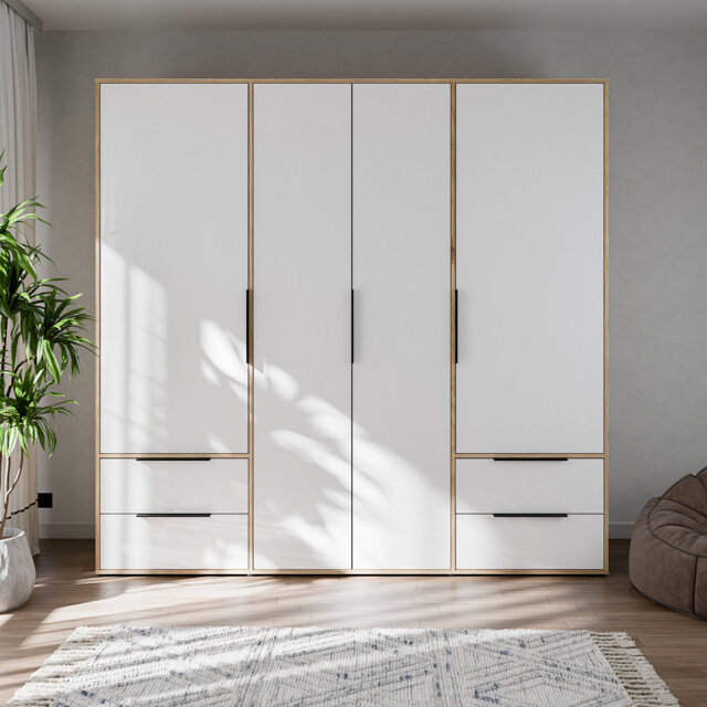 Contemporary wardrobe with 5 doors and 4 drawers, bedroom, engineered wood, warm oak decor/white, 205.9 cm W x 200.1 cm H x 59 cm D