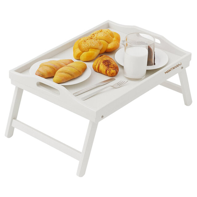 Myon Tray Bamboo Bed Tray Table with Foldable Legs And Handles Breakfast Tray Lap Tray (White)
