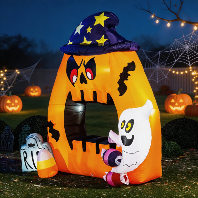 7 FT Halloween Inflatable Photo Booth Arch, Blow Up Selfie Frame with Ghost, Tombstone & Candy Decor, Built-in LED Lights, Indoor Outdoor Yard Garden