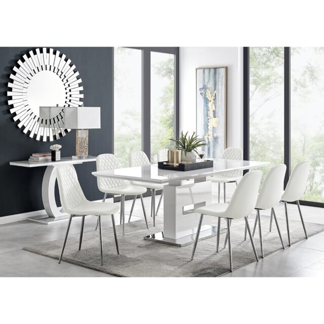 Alezzo Modern High Gloss Extendable Dining Table Set with 8 Luxury Faux Leather Dining Chairs
