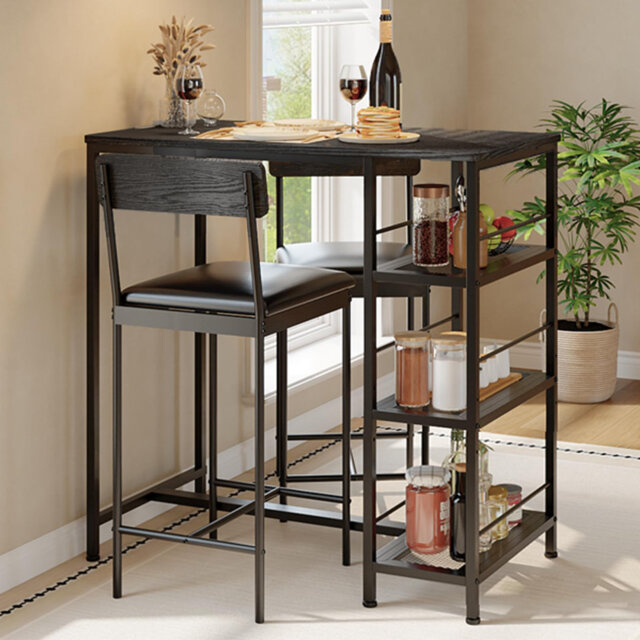 3-Piece Space-Saving Dining Table Set for 2 with Storage Shelves & Padded Chairs - PU Leather, MDF, Metal Frame for Kitchens, Dining Rooms & Home Offi