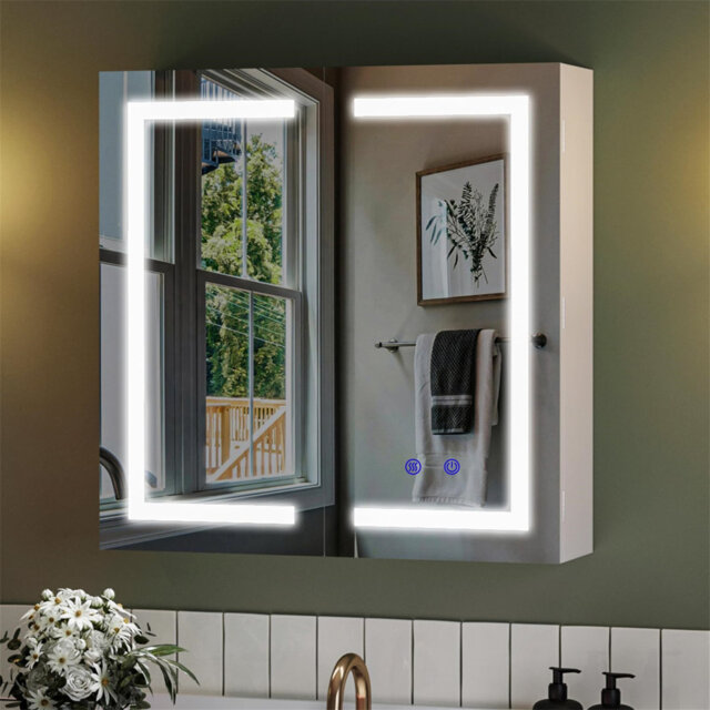 Bathroom Wall-mounted Mirror Cabinet With Led Lights And Shaver Socket, Illuminated Led Bathroom Cabinets With Mirror,demister Pad, Dimmable, 3 Colour