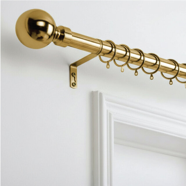 Adjustable Metal Curtain Pole with Rings & Brass Finials – Extendable Curtain Rod Set