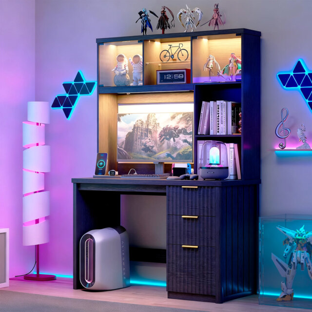 Home Office Desk With File Drawer, Led Lighting And Smart Sensor, Computer Desk With Hutch And 3 Drawers