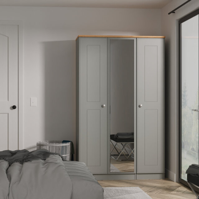 Penovich Triple Mirror Wardrobe in Dusk Grey & Riviera Oak (Ready Assembled)