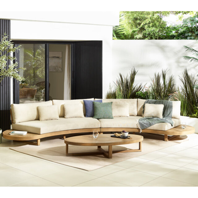 Wesley Wooden & Cream 6 Seater Curved Garden Sofa With Coffee Table - Modern Mid Century Style
