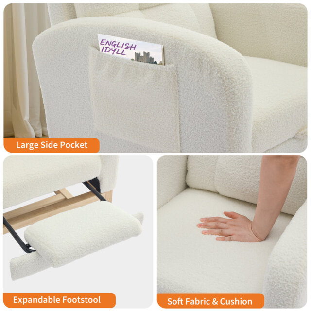 High Back Upholstered Nursery Rocking Recliner Chair with USB Ports and Side Pocket for Bedrooms and Living Rooms