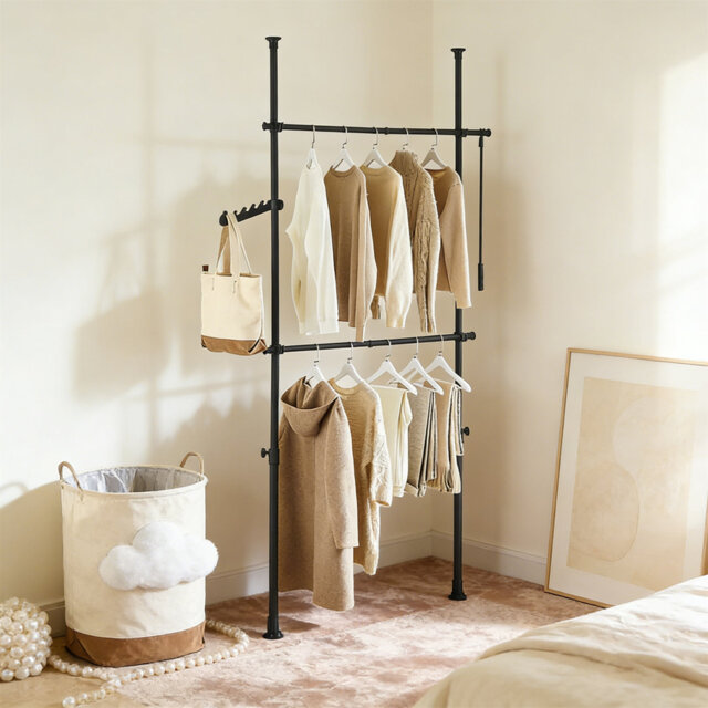Telescopic Clothes Rail, Heavy Duty Clothes Rack, Adjustable Open Wardrobe With Hanging Rails For Bedroom, Walk-In Closet
