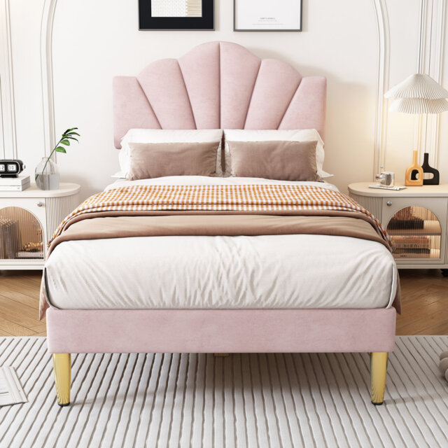 Whitmore Velvet Shell Bed With Adjustable Headboard And Golden Iron Legs