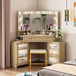 Dressing Table with Motion Sensor 3-colour lighting, Charging Socket, Storage Drawers and Stool