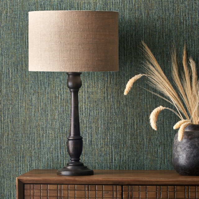 Beles Antique Black Mango Wood Table Lamp Base with Edward 35cm Natural Linen Cylinder Lampshade