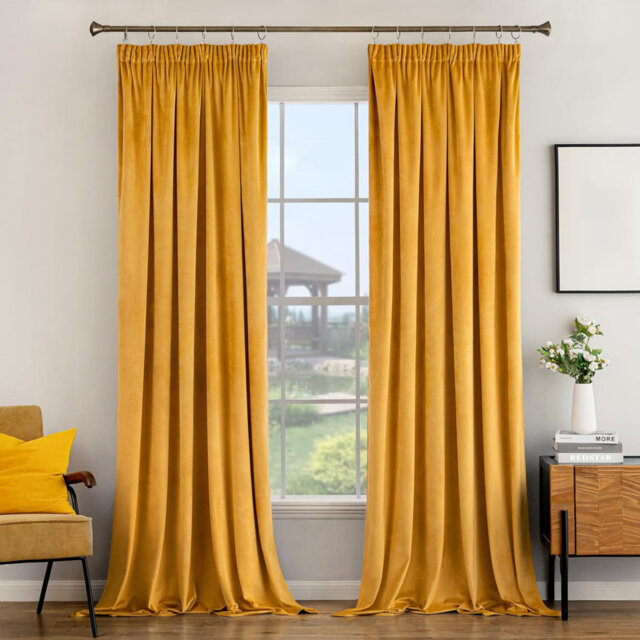 Pencil Pleat Velvet Curtains 229 x 229 cm Luxury Soft Drapes Room Darkening Yellow, 2 Panels