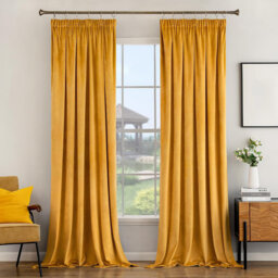 Pencil Pleat Velvet Curtains 229 x 229 cm Luxury Soft Drapes Room Darkening Yellow, 2 Panels