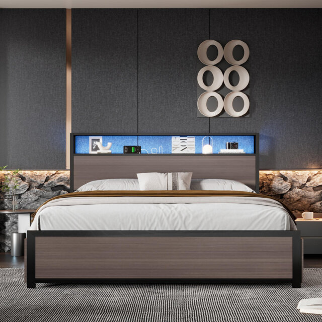 Bed Metal Bed With LED Light Strip And 4 Drawers, 3 USB Port Multifunctional Wrought Iron Bed Grey