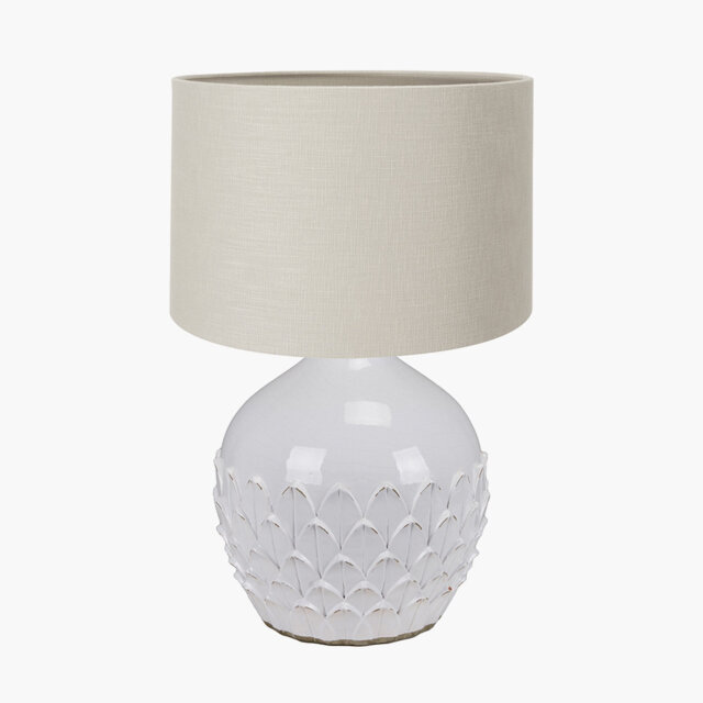 Benonie White Leaf Detail Stoneware Table Lamp Base with Lino 40cm Grey Self Lined Linen Cylinder Lampshade