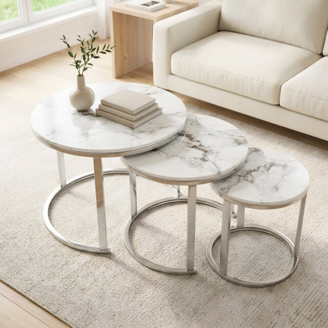 Monaco 3-Piece Nesting Coffee Tables Set, White Marble Effect with Grey Veins & Chrome Base