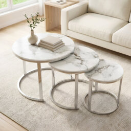 Monaco 3-Piece Nesting Coffee Tables Set, White Marble Effect with Grey Veins & Chrome Base