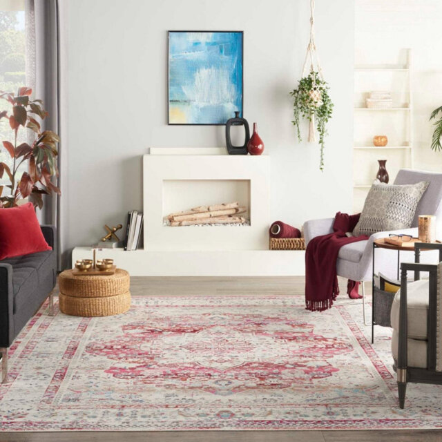 Red Rug, Bordered Floral Rug, Traditional Stain Resistant Rug, Persian Rug For Bedroom, Dining Room