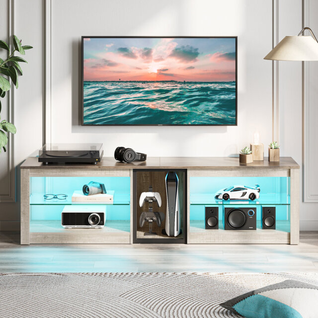 TV Stand for TVs up to 70 inch, Gaming Entertainment Center for PS5, LED TV Cabinet with Glass Shelves