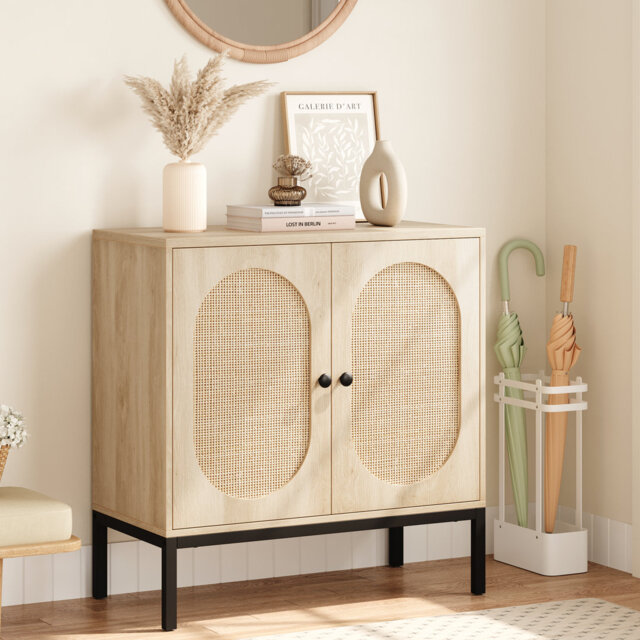 Buffet Storage Cabinet With Natural Rattan Doors, Wooden Buffet Sideboard, Boho Accent Cabinet for Living Room Kitchen Dining Room