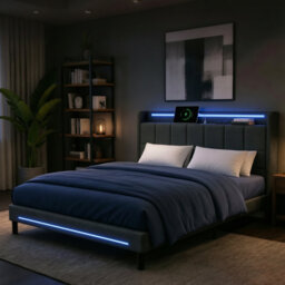 Upholstered Platform Bed Frame with Charging Station & LED Lights, Modern Platform Bed with Upholstered Storage Headboard, No Box Spring Needed Noise