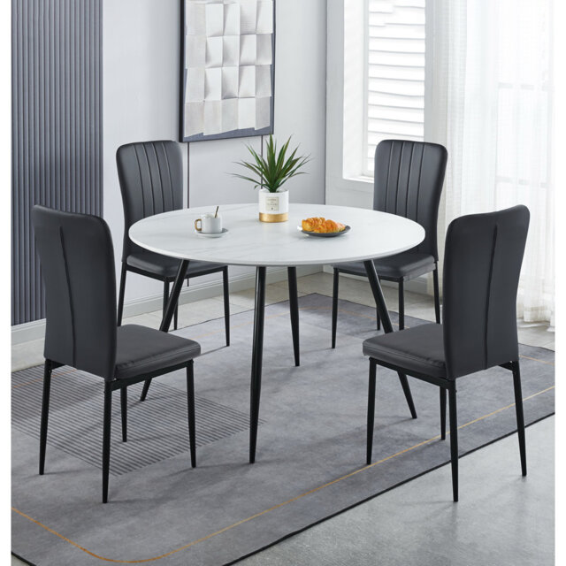 Cullompton Large Round Dining Table 120Cm, Effect Top, With 4 Black Faux Leather High Back Chairs