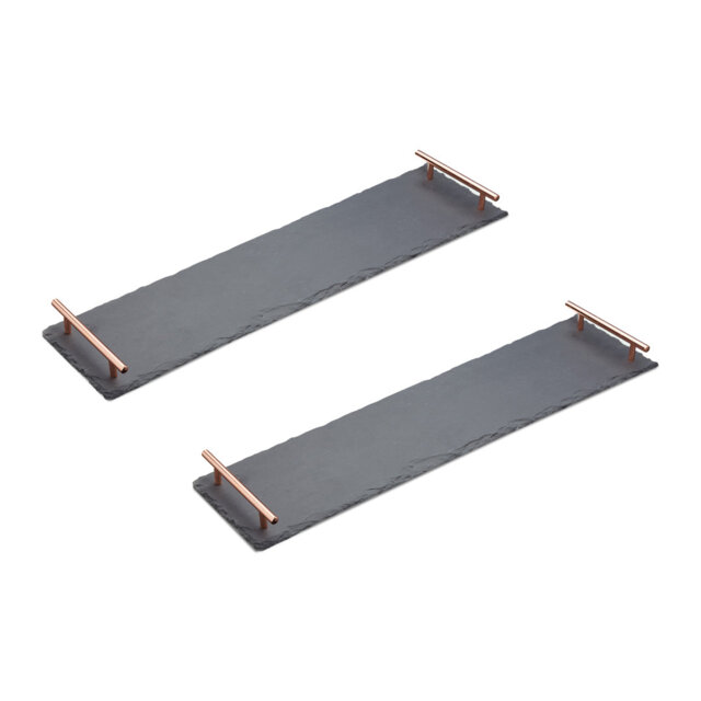 Artesà Appetiser Slate Serving Platter with Copper Handles for Buffets or Dinner Parties, Set of 2, 60 x 15cm