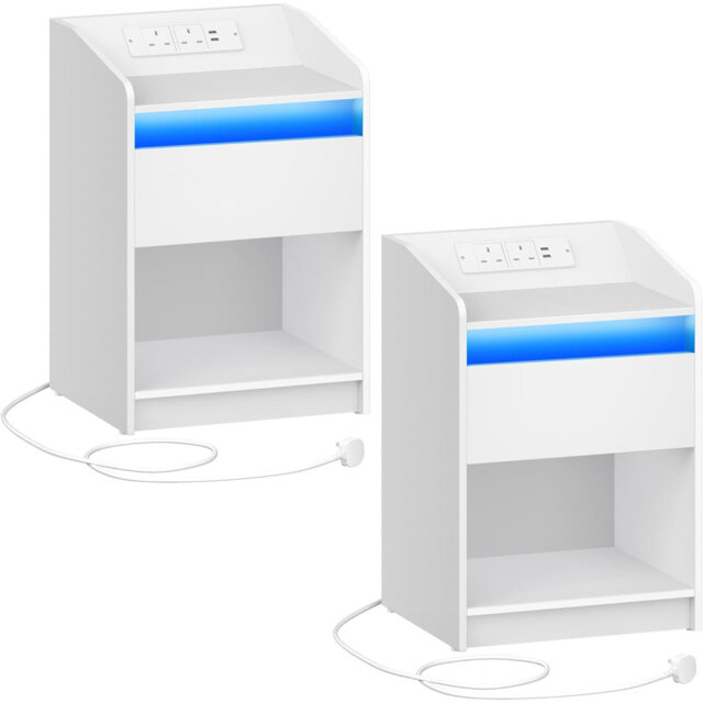 Bedside Table Set of 2 with LED Light, Bedside Cabinet with Charging Station, 1 Storage Drawer Nightstand for Bedroom, Living Room, 2 USB Port, 2 Outl