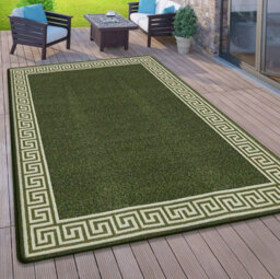 Plain Rug with Greek key Bordered Gel backed Rug Amyiah Green/Cream Rug