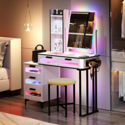 Dressing Table with Human Sensor RGB Lights, Tempered Glass Top, and Quick-Charging Station
