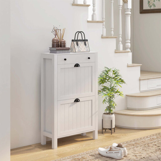 Narrow Shoe Cabinet With 2 Flip Drawers And Adjustable Shelves