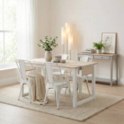 Tobery Rectangular Whitewashed Solid Wooden Dining Table With 4 Honora Chairs - Scandinavian Style