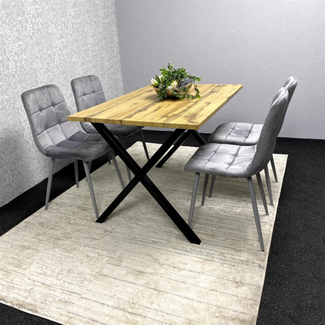 Modern Dining Table Set with 4 Grey Velvet Chairs Wood Effect Tabletop with X-Shaped Metal Legs Stylish Kitchen or Dining Room Furniture