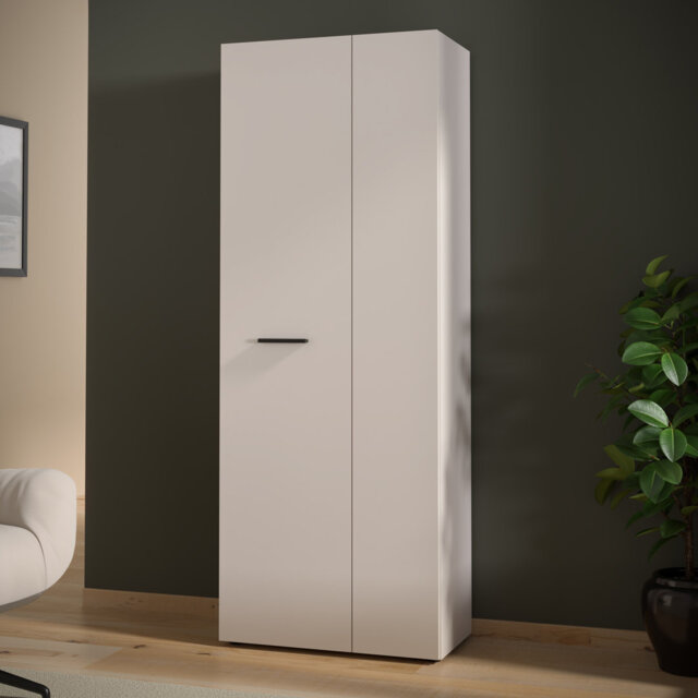 Modern versatile wardrobe with 2 doors, entryway closet, clothing rails and shelves, engineered wood, beige, 68.7 cm W x 181.1 cm H x 36.5 cm D