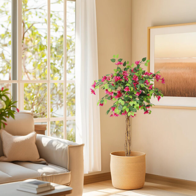 120cm Artificial Bougainvillea Tree with Pink Flowers – Tall Faux Plant with Realistic Wood Trunk In Pot, Indoor/Outdoor Decorative Tree for Arabic Ho