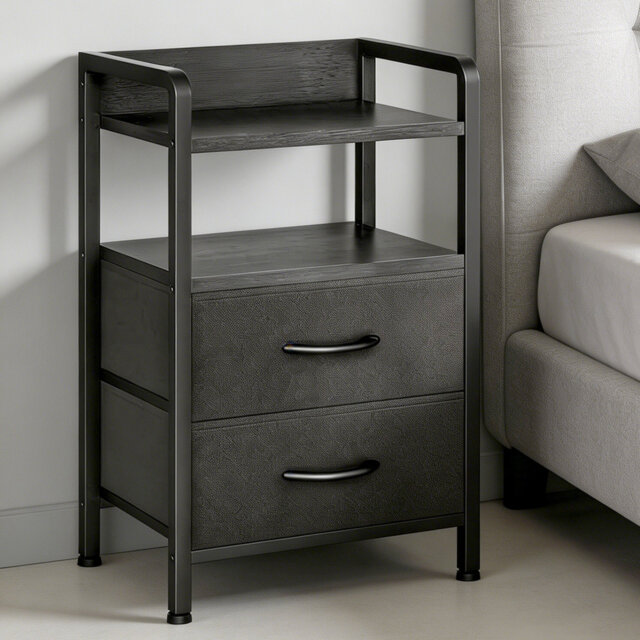 Nightstand with 2 Fabric Drawers and Open Shelf, Metal Frame and MDF Top Bedside Table, End Table for Bedroom or Living Room