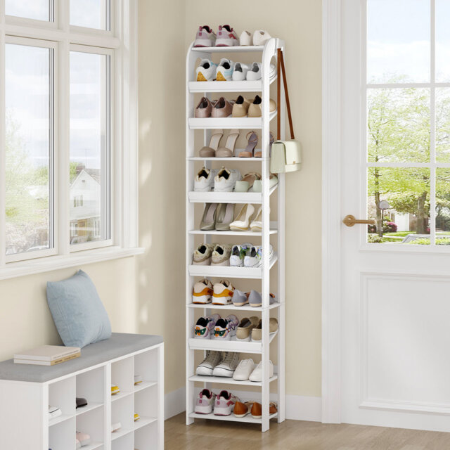 Vertical Shoe Rack, Shoe Shelves for Small Space, Freestanding Closet Wooden Shoes Organizer with Hooks, Adjustable Shoes Tower for Entryway, Living R