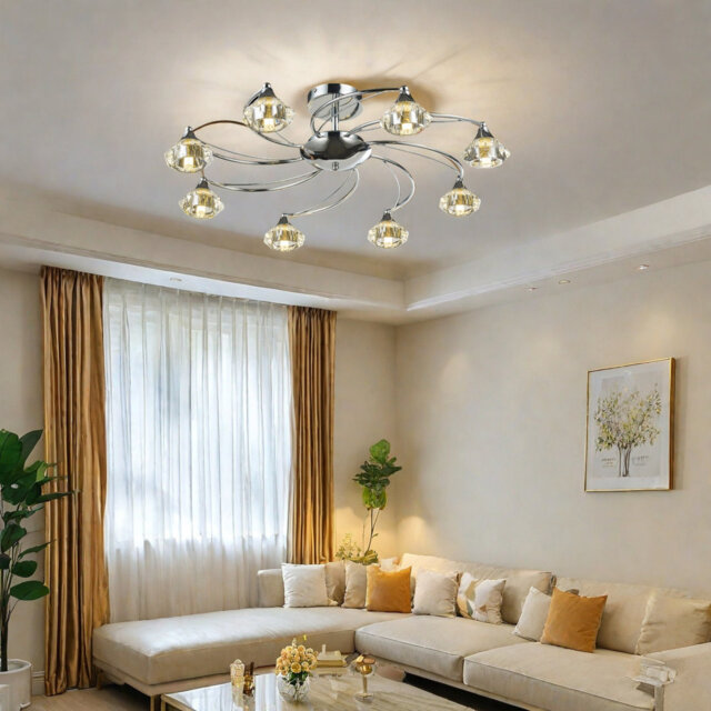 8 Light Semi-Flush Ceiling Light, Antique Brass Finish, G9 Bulb Caps, Clear Glass Shades