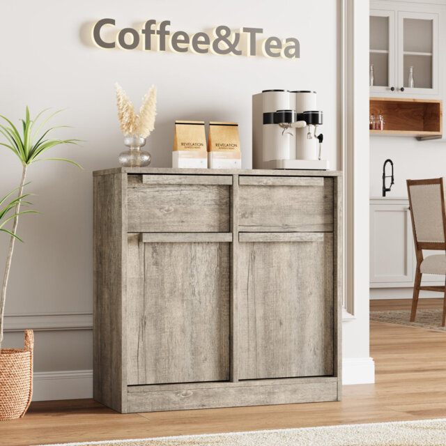 "62"" Sideboard Buffet Cabinet, Large Coffee Cabinet with 2 Doors & 2 Drawers, Modern Storage Cabinet with Adjustable Shelves, Wood Coffee Bar Station f"