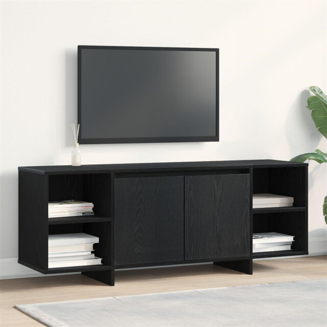 Tv Cabinet - Black Oak Engineered Wood 135X35 Cm With Shelves & Hinged Doors