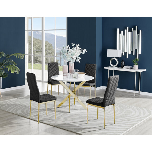 Tierra Modern Chrome Metal & Glass Round Dining Table Set with 4 Quilted Faux Leather Chairs