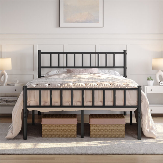 Minimalist Metal Bed Frame with Slatted Headboard