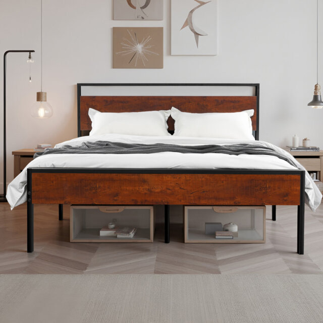 Queen Size Bed Frame, 14 Inch Black Metal Platform Bed Frame with Retro Brown Wooden Headboard and Footboard, Large Under-Bed Storage, Non-Slip Withou