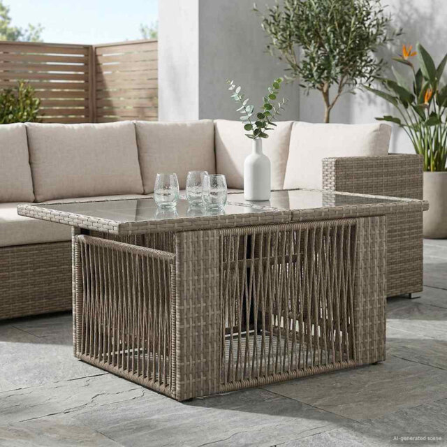 vidaXL Garden Table PE Rattan and Glass Outdoor Balcony Patio Furniture Dining